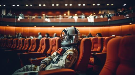 astronaut watching a movie in a crowded movies theater cinematic lighting Canon 17-55mm, f6-s 250 --ar 16:9