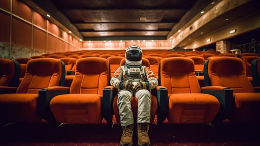 astronaut watching a movie in a movie theater cinematic lighting Canon 17-55mm, f6-s 250 --ar 16:9
