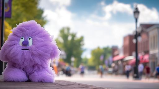 friendly creature face made out of purple cotton candy floating above Main street of. Small town Mid day Canon 17-55mm, f6-s 250 --ar 16:9