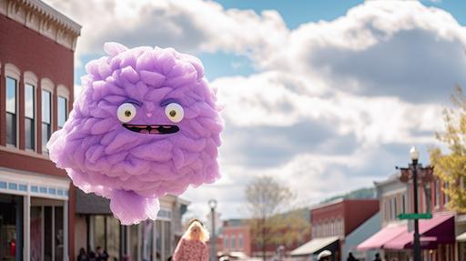 friendly creature face made out of purple cotton candy floating above Main street of. Small town Mid day Canon 17-55mm, f6-s 250 --ar 16:9