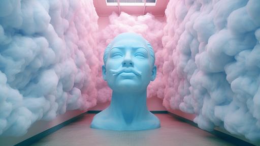 museum installation face made out of cotton candy shades of blue Canon 35mm lense, f/6, long shot --ar 16:9