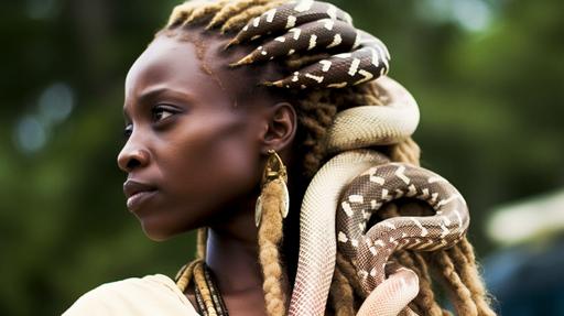 a beautiful Andrew Kibe woman, DREADLOCKS HAIRSTYLE, with a white boa constrictor , :: --v 5 --ar 16:9