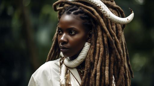 a beautiful Andrew Kibe woman, DREADLOCKS HAIRSTYLE, with a white boa constrictor , :: --v 5 --ar 16:9
