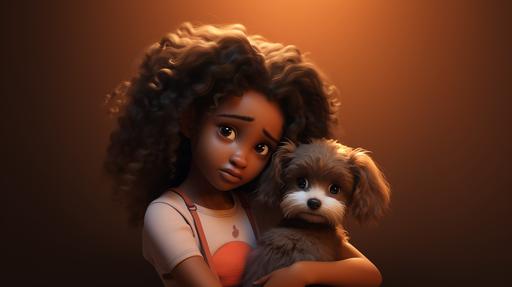 chocolate complexion, black girl, big sad puppy dog eyes, blender 3d, art station and behance, Disney Pixar, cute, :: --ar 16:9 --uplight --v 5.2