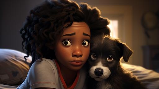 chocolate complexion, black girl, big sad puppy dog eyes, blender 3d, art station and behance, Disney Pixar, cute, :: --ar 16:9 --uplight --v 5.2