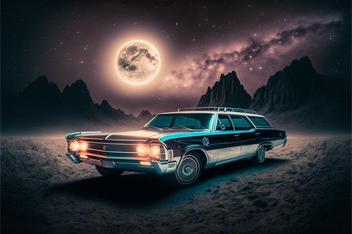 Luxury 1965 Oldsmobile Vista-Cruiser wagon, tricked out interdimensional space craft, surreal cosmic environment, cinematic lighting, tracers --ar 3:2 --v 4 --q 2