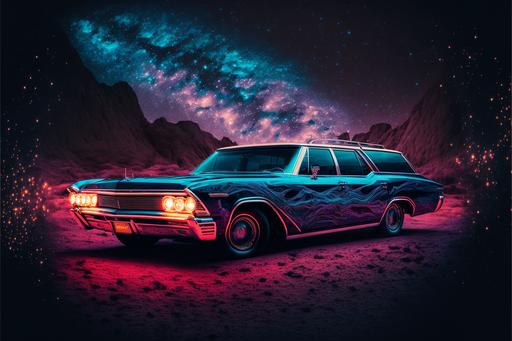 Luxury 1965 Oldsmobile Vista-Cruiser wagon, tricked out interdimensional space craft, surreal cosmic environment, cinematic lighting, tracers --ar 3:2 --v 4 --q 2