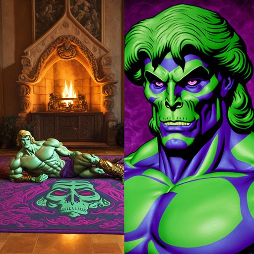 Luxury Skeletor Masters of the Universe, pin-up hunk, laying on green tiger skin rug in front of fire, muscular build--ar 3:2 --v 4 --q 2