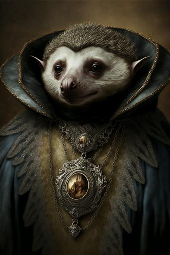 Sloth Dracula, campy, cape with big collar, fangs, the whole necklace pendant thing, sinister --ar 2:3 --v 4 --q 2