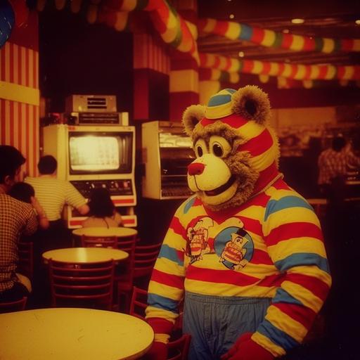 nostalgic pizza restaurant with creepy audio-animatronic bear-monkey-man in striped yellow and red overalls that sings, arcade games, Birthday parties, 1980s amateur photography, showbiz pizza meme--ar 3:2 --v 4 --q 2