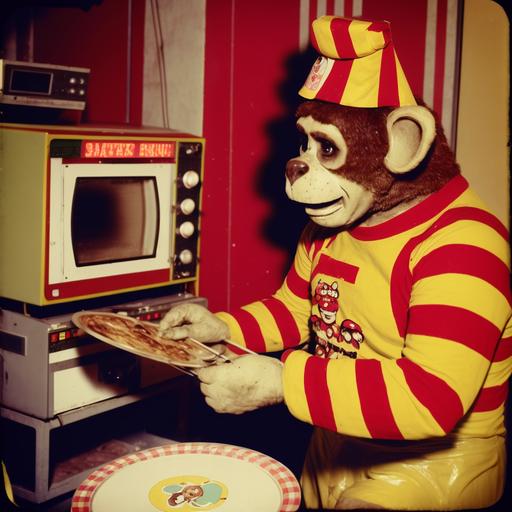 nostalgic pizza restaurant with creepy audio-animatronic bear-monkey-man in striped yellow and red overalls that sings, arcade games, Birthday parties, 1980s amateur photography, showbiz pizza meme--ar 3:2 --v 4 --q 2