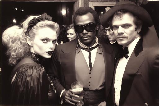 superb Dracula costume worn by Samuel L. Jackson, seen having drinks with friends at a Halloween costume party, 1986, amateur photography --ar 3:2 --v 4 --q 2