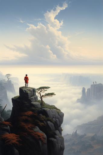 Wanderer Above the Sea of Fog and Topiary, artwork by Caspar David Friedrich, 19th Century oil painting --ar 2:3