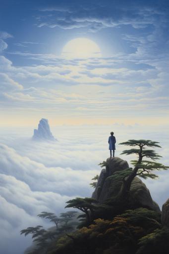 Wanderer Above the Sea of Fog and Topiary, artwork by Caspar David Friedrich, 19th Century oil painting --ar 2:3