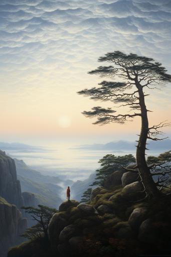 Wanderer Above the Sea of Fog and Topiary, artwork by Caspar David Friedrich, 19th Century oil painting --ar 2:3