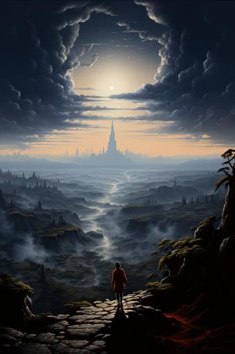 Wanderer Above the Sea of Fog and Topiary, artwork by Caspar David Friedrich, 19th Century oil painting --ar 2:3 --s 555