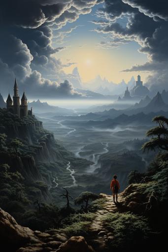 Wanderer Above the Sea of Fog and Topiary, artwork by Caspar David Friedrich, 19th Century oil painting --ar 2:3 --s 555