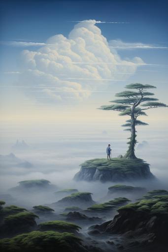 Wanderer Above the Sea of Fog and Topiary, artwork by Caspar David Friedrich, 19th Century oil painting --ar 2:3