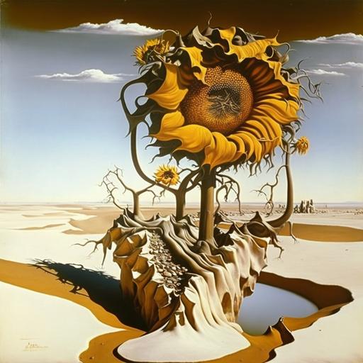 In Dali's surrealist style, the sunflowers in his paintings often take on a dreamlike quality. He presents them in unexpected ways, sometimes with long, spindly stems that reach out across the canvas or with petals that seem to be melting away like wax. The flowers themselves might be distorted or stretched out of proportion, giving them a surreal and otherworldly appearance. Dali often incorporates elements of the subconscious mind in his work, and his sunflowers might be presented in a fantastical landscape with bizarre objects or creatures. Through his use of vivid colors and fantastical imagery, Dali's sunflowers invite the viewer to question reality and explore the depths of their own imagination.