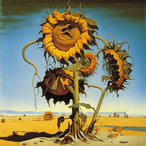 In Dali's surrealist style, the sunflowers in his paintings often take on a dreamlike quality. He presents them in unexpected ways, sometimes with long, spindly stems that reach out across the canvas or with petals that seem to be melting away like wax. The flowers themselves might be distorted or stretched out of proportion, giving them a surreal and otherworldly appearance. Dali often incorporates elements of the subconscious mind in his work, and his sunflowers might be presented in a fantastical landscape with bizarre objects or creatures. Through his use of vivid colors and fantastical imagery, Dali's sunflowers invite the viewer to question reality and explore the depths of their own imagination.