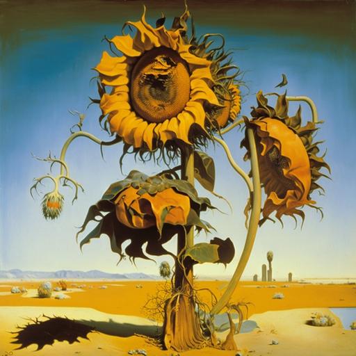 In Dali's surrealist style, the sunflowers in his paintings often take on a dreamlike quality. He presents them in unexpected ways, sometimes with long, spindly stems that reach out across the canvas or with petals that seem to be melting away like wax. The flowers themselves might be distorted or stretched out of proportion, giving them a surreal and otherworldly appearance. Dali often incorporates elements of the subconscious mind in his work, and his sunflowers might be presented in a fantastical landscape with bizarre objects or creatures. Through his use of vivid colors and fantastical imagery, Dali's sunflowers invite the viewer to question reality and explore the depths of their own imagination.