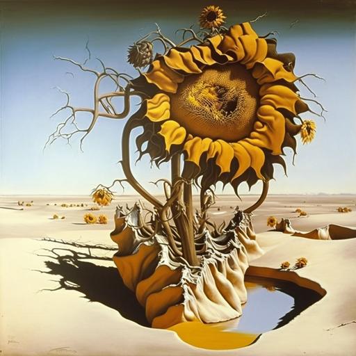 In Dali's surrealist style, the sunflowers in his paintings often take on a dreamlike quality. He presents them in unexpected ways, sometimes with long, spindly stems that reach out across the canvas or with petals that seem to be melting away like wax. The flowers themselves might be distorted or stretched out of proportion, giving them a surreal and otherworldly appearance. Dali often incorporates elements of the subconscious mind in his work, and his sunflowers might be presented in a fantastical landscape with bizarre objects or creatures. Through his use of vivid colors and fantastical imagery, Dali's sunflowers invite the viewer to question reality and explore the depths of their own imagination.