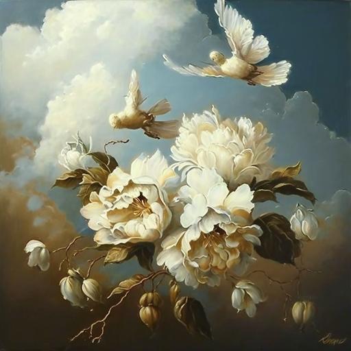 angel blossoms blue sky birds butterfly golden flowers clouds oil painting neutral