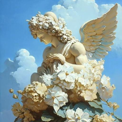 angel blossoms blue sky birds butterfly golden flowers clouds oil painting neutral