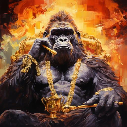 Warm colors, where a heavenly god, animal gorilla, adorned intricate gold arabesques, sits in the sky, is his throne of diamonds, peaceful and relaxed expression, this majestic being, holding a pipe, delicately smoking the clouds, air of tranquility. fancy and expensive look, truly extraordinary, warm bold colors, alphonse mucha line illustration style