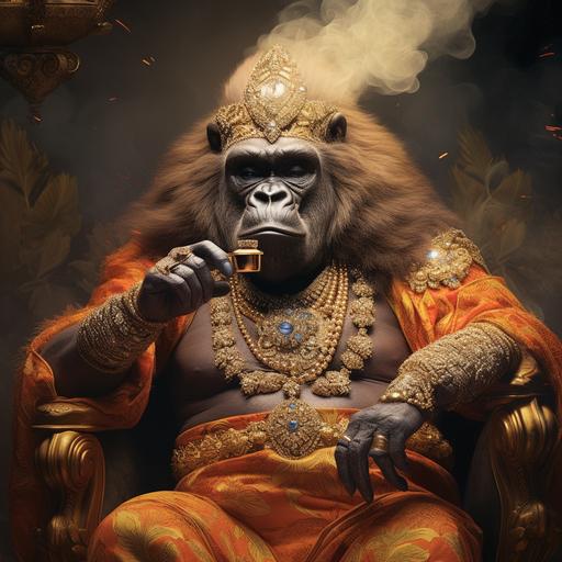 Warm colors, where a heavenly god, animal gorilla, adorned intricate gold arabesques, sits in the sky, is his throne of diamonds, peaceful and relaxed expression, this majestic being, holding a pipe, delicately smoking the clouds, air of tranquility. fancy and expensive look, truly extraordinary, warm bold colors, alphonse mucha style