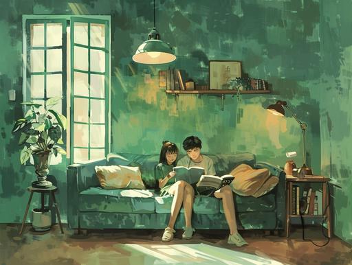 Warm green tone, watercolor painting, in a Western style room, two cute people leaning on the sofa reading, cute characters, Japanese cute painting style, strong sense of space，with a flat style, illustration style, cartoon style, refreshing visuals, watercolor style, and flat painting，8k,HD, --ar 4:3