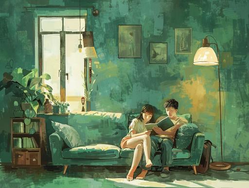 Warm green tone, watercolor painting, in a Western style room, two cute people leaning on the sofa reading, cute characters, Japanese cute painting style, strong sense of space，with a flat style, illustration style, cartoon style, refreshing visuals, watercolor style, and flat painting，8k,HD, --ar 4:3