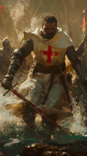 Warrior of God runs in a battle with a sword , red cross on chest, war crusade ambience, oil painting,cinematic, high resolution, ultra detailed. --v 6.0 --ar 9:16