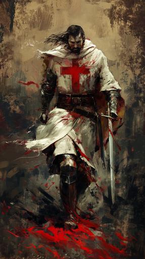 Warrior of God runs in a battle with a sword , red cross on chest, war crusade ambience, oil painting,cinematic, high resolution, ultra detailed. --v 6.0 --ar 9:16
