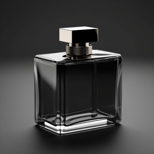 rectangle shape perfume bottle black color made of glass with square cap. It should be in warm light with 8k render quality and flowers at the back, so that everything looks like a product shoot.