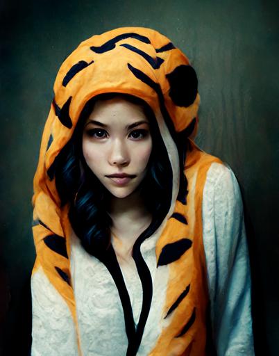 Beautiful girl in tiger onesie, photo, --ar 3:4