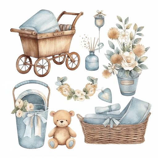 Watercolor Baby Boy Clipart It's a boy vintage nursery and newborn baby graphic elements in pastels cute