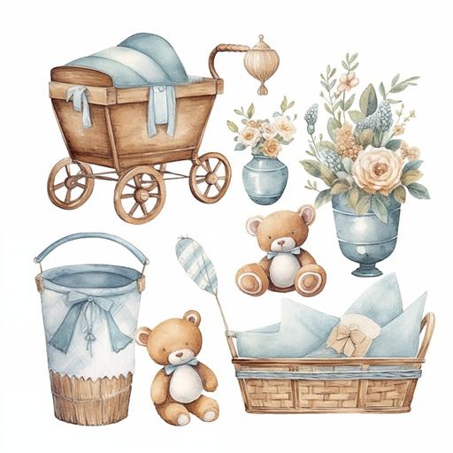 Watercolor Baby Boy Clipart It's a boy vintage nursery and newborn baby graphic elements in pastels cute