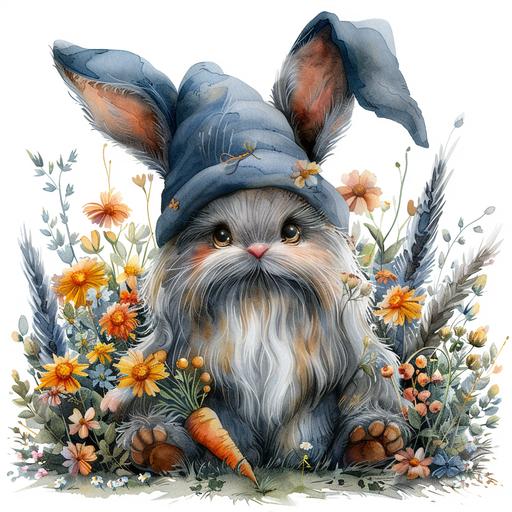 Watercolor Cute Easter Bunny Gnome with bunny ears with carrots , spring, floral, Clipart, in pastel shades on white background --stylize 750 --v 6.0