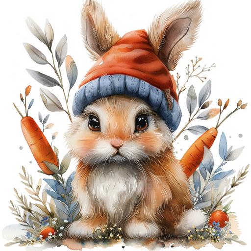 Watercolor Cute Easter Bunny Gnome with bunny ears with carrots , spring, floral, Clipart, in pastel shades on white background --stylize 750 --v 6.0