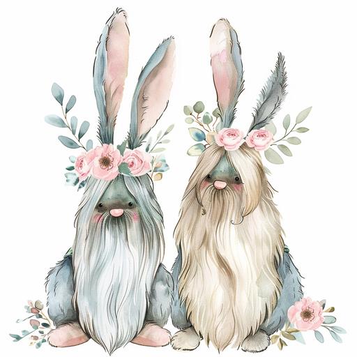 Watercolor Cute Easter Bunny Gnomes with bunny ears standing without touching at some distance from each other, spring, floral, Clipart in pastel shades on white background --v 6.0