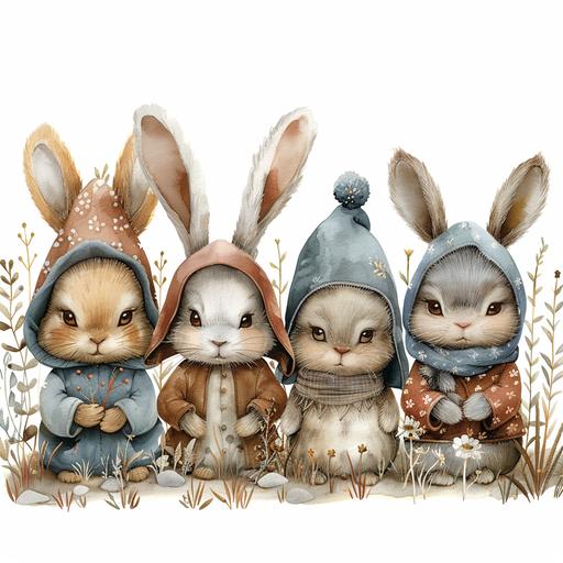 Watercolor Cute Easter Bunny Gnomes with bunny ears standing without touching at some distance from each other, spring, floral, Clipart set, in pastel shades on white background --stylize 750 --v 6.0