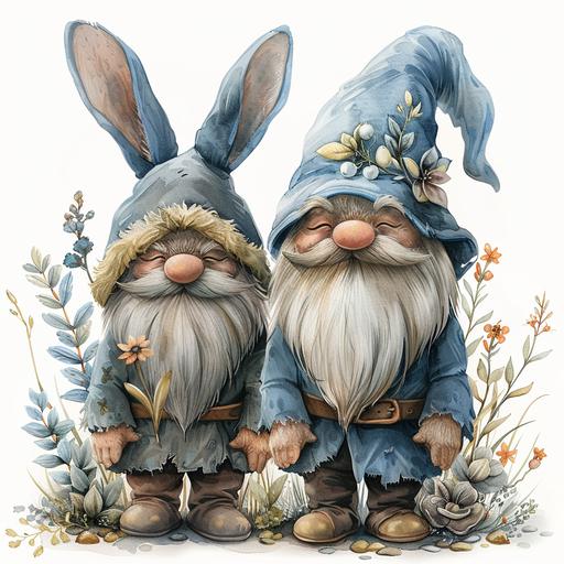 Watercolor Cute Easter Bunny Gnomes with bunny ears standing without touching at some distance from each other, spring, floral, Clipart set, in pastel shades on white background --stylize 750 --v 6.0