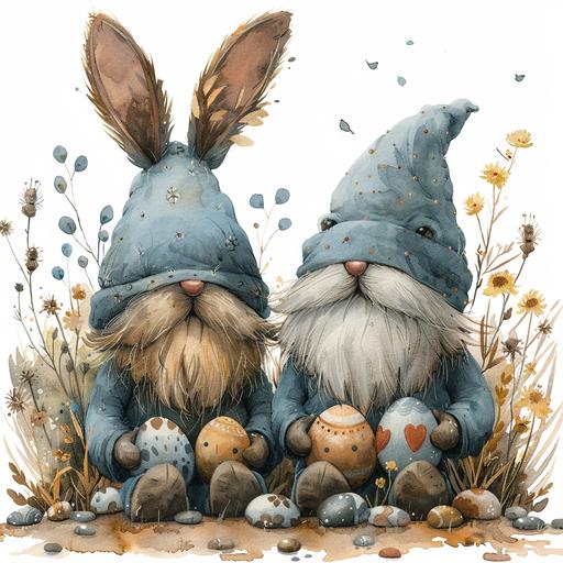 Watercolor Cute Easter Bunny Gnomes with bunny ears with easter eggs standing without touching at some distance from each other, spring, floral, Clipart set, in pastel shades on white background --stylize 750 --v 6.0