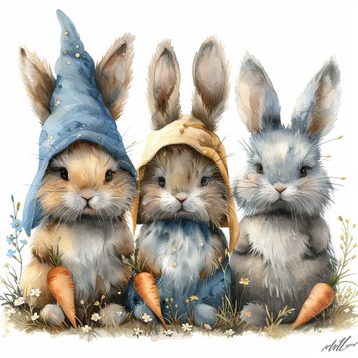 Watercolor Cute Easter Bunny Gnomes with bunny ears with carrots standing without touching at some distance from each other, spring, floral, Clipart set, in pastel shades on white background --stylize 750 --v 6.0