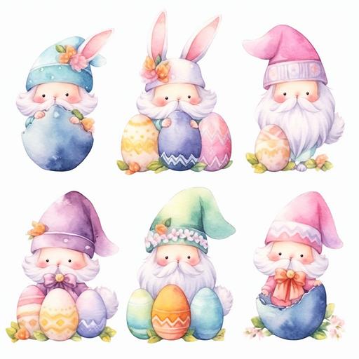 Watercolor Cute Easter Gnomes Bunnies with bunny ears and with easter eggs ,clipart, in in bright colors shades on white background --niji 5
