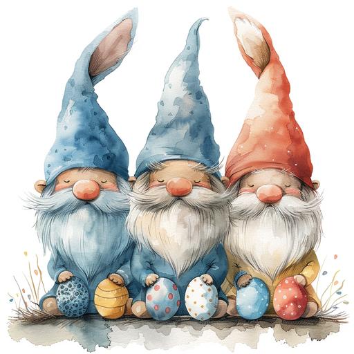 Watercolor Cute Easter Gnomes Bunnies with bunny ears and with easter eggs ,clipart, in in bright colors shades on white background --stylize 500 --v 6.0