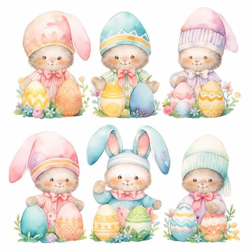 Watercolor Cute Easter Gnomes Bunnies with bunny ears and with easter eggs ,clipart, in in bright colors shades on white background --niji 5