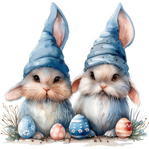 Watercolor Cute Easter Gnomes Bunnies with bunny ears and with easter eggs ,clipart, in in bright colors shades on white background --stylize 500 --v 6.0