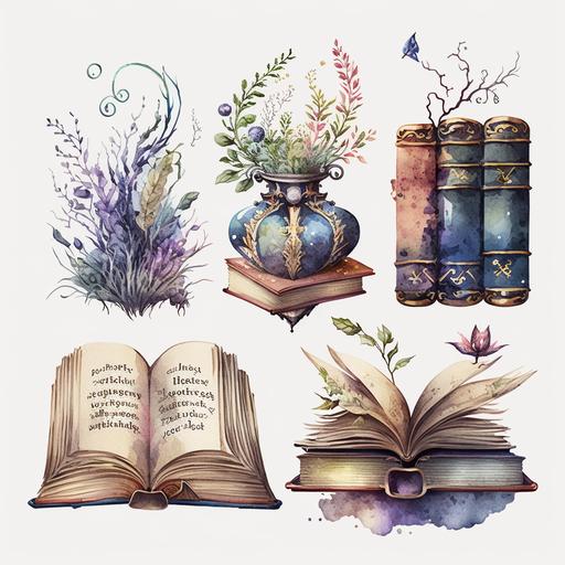 Watercolor Fantasy Books Clipart, Open Book Clip Art, Book Bundle PNG, vintage book stacklibrary clip art, old book, Magic Books